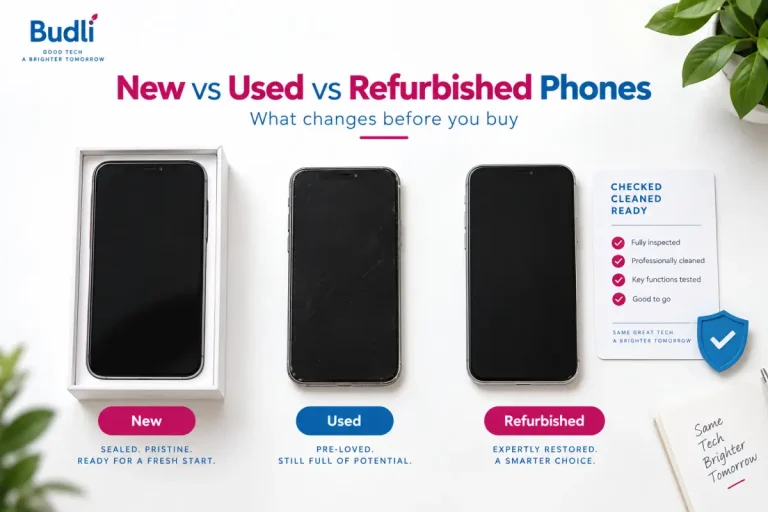 Three smartphones comparing new, used and refurbished phone choices