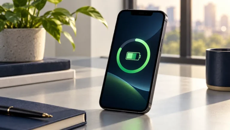Refurbished iPhone showing a battery-health gauge in a bright modern workspace